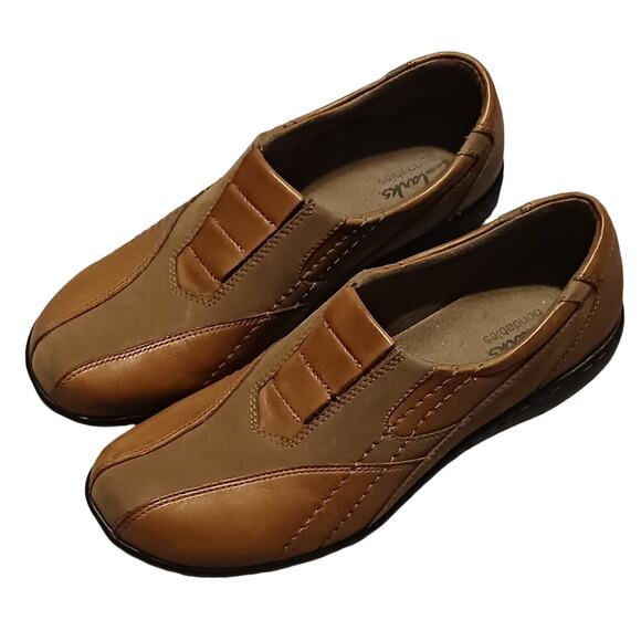 Clarks Bendables Bingo Q Medium & Dark Tan Leather Slip-on Comfort Shoes Size 7M - Picture 1 of 9